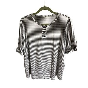 Appleseed's Striped Henley Shirt Roll‎ Tab Sleeve Top Casual 1X